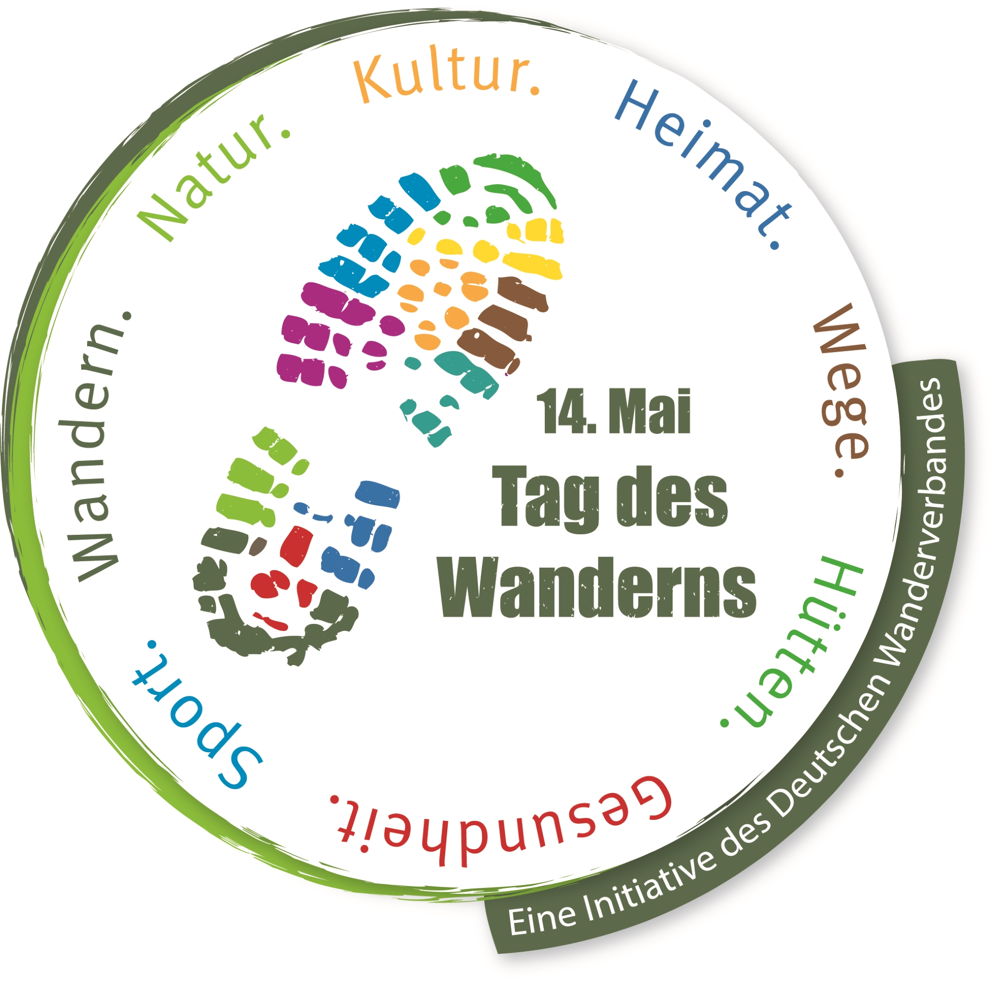 Buntes Logo zum Tag des Wanderns am 14. Mai mit Schriftzügen Wandern, Natur, Kultur, Heimat, Wege, Hütten, Gesundheit und Sport