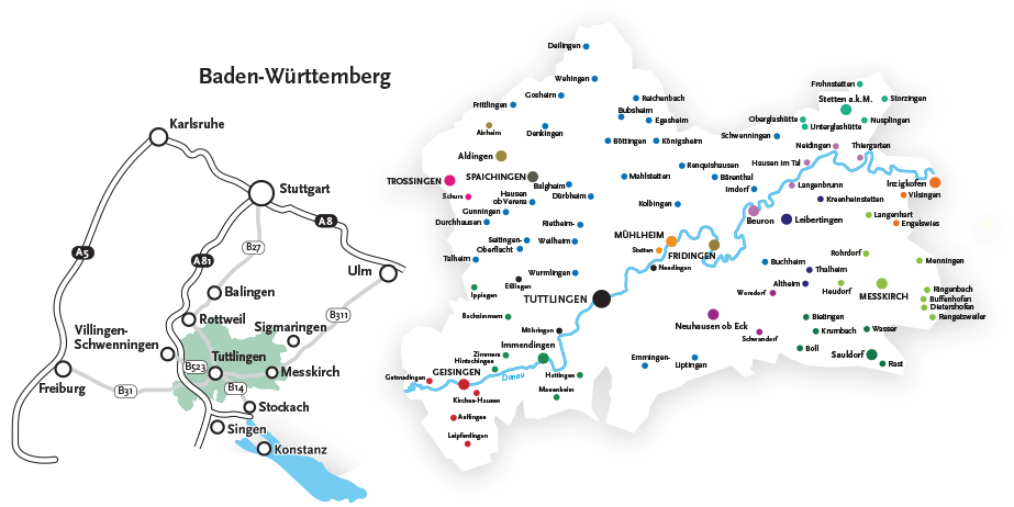 zwei Abbildungen mit Anfahrtkarte von Freiburg bis Karlsruhe, nach Ulm und an den Bodensee und Übersichtskarte des kompletten Donauberglands