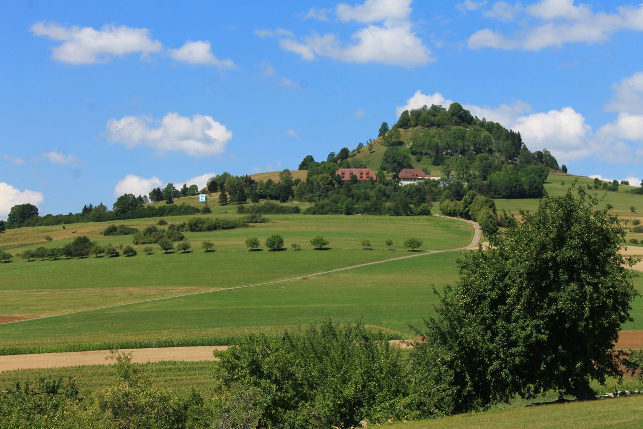 Bild mit Blick auf den Hohen Karpfen und das Hofgut Hohen Karpfen mit grünen Wiesen und Bäumen und blauem Himmel mit wenigen Wolken