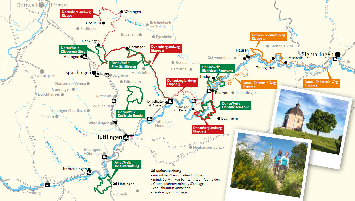 Bild von der karte mit allen Donauberglandweg Etappen, den Donauwellen Runden und dem Donau-Zollernalb-Weg