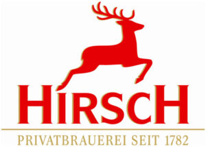 rotes Logo und roter Schriftzug Hirsch und goldener Schriftzug Privatbrauerei seit 1782