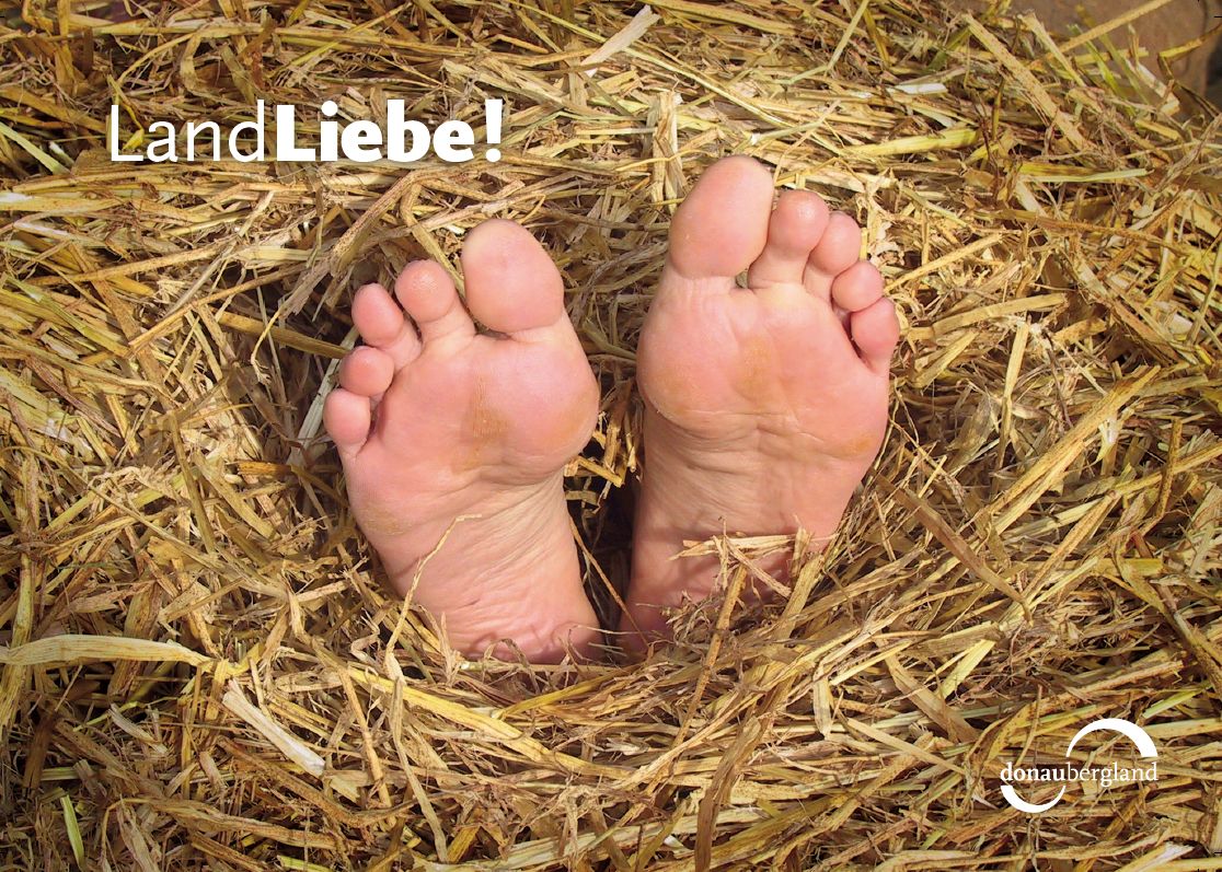 Donaubergland Postkartenmotiv mit zwei nackten Füßen, die aus dem Stroh schauen.