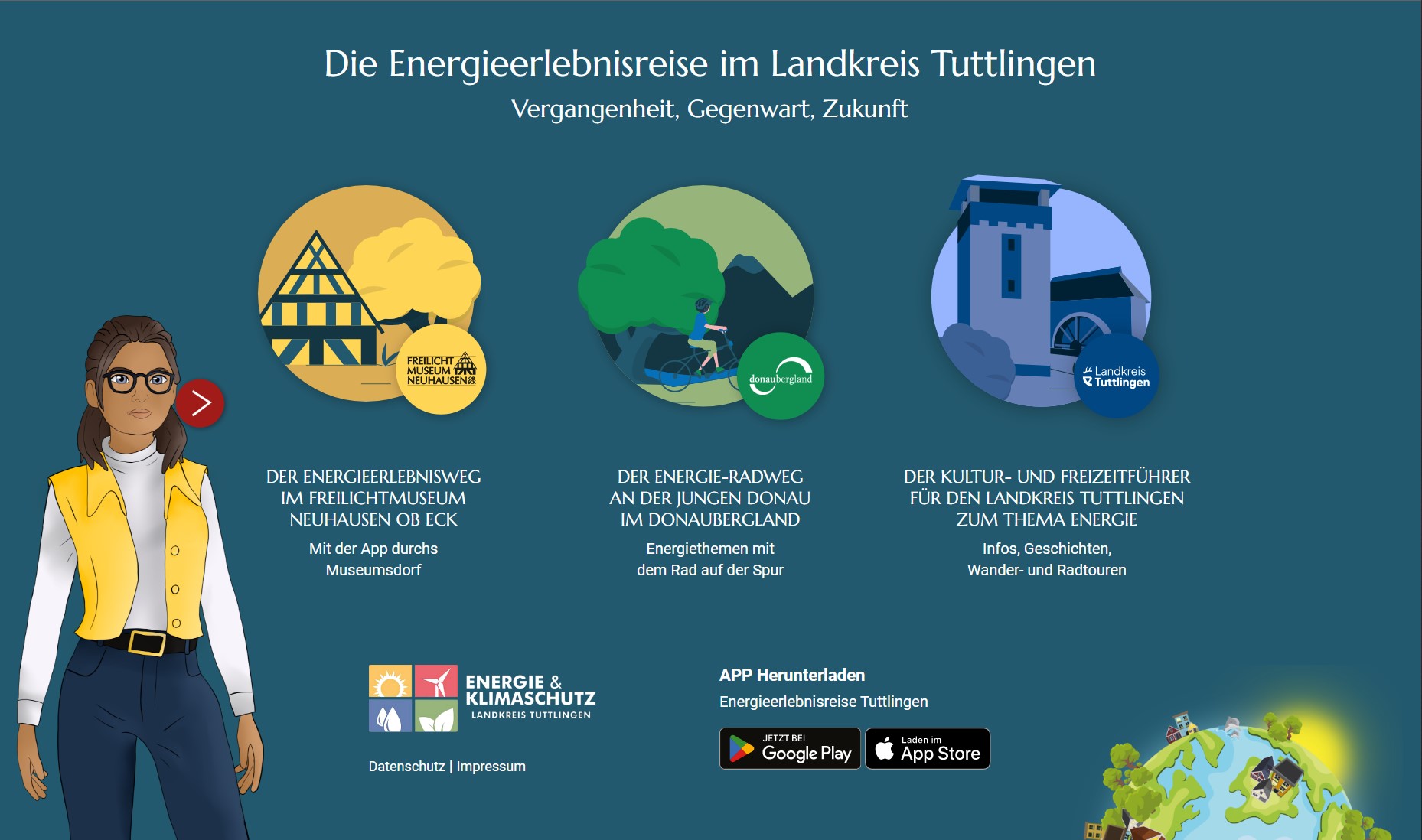 Bunte Startseite zum Projekt Die Energieerlebnisreise im Landkreis Tuttlingen mit Schriftzug Vergangenheit, Gegenwart, Zukunft und bunten Bildern mit Freilichtmuseum, Donauberglandweg mit Radfahrer und einer Burg mit Landkreis Tuttlingen