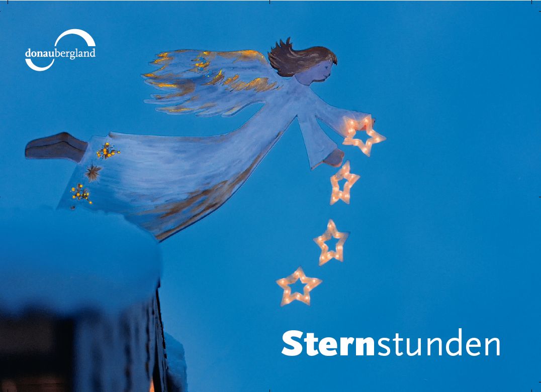 Donaubergland Postkartenmotiv mit Engel auf blauem Hintergrund mit vier beleuchteten Sternen, die aus dem Arm fallen.