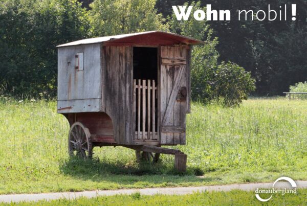 Donaubergland Postkartenmotiv mit einem Schäferwagen auf einer Weide mit Bäumen im Hintergrund.