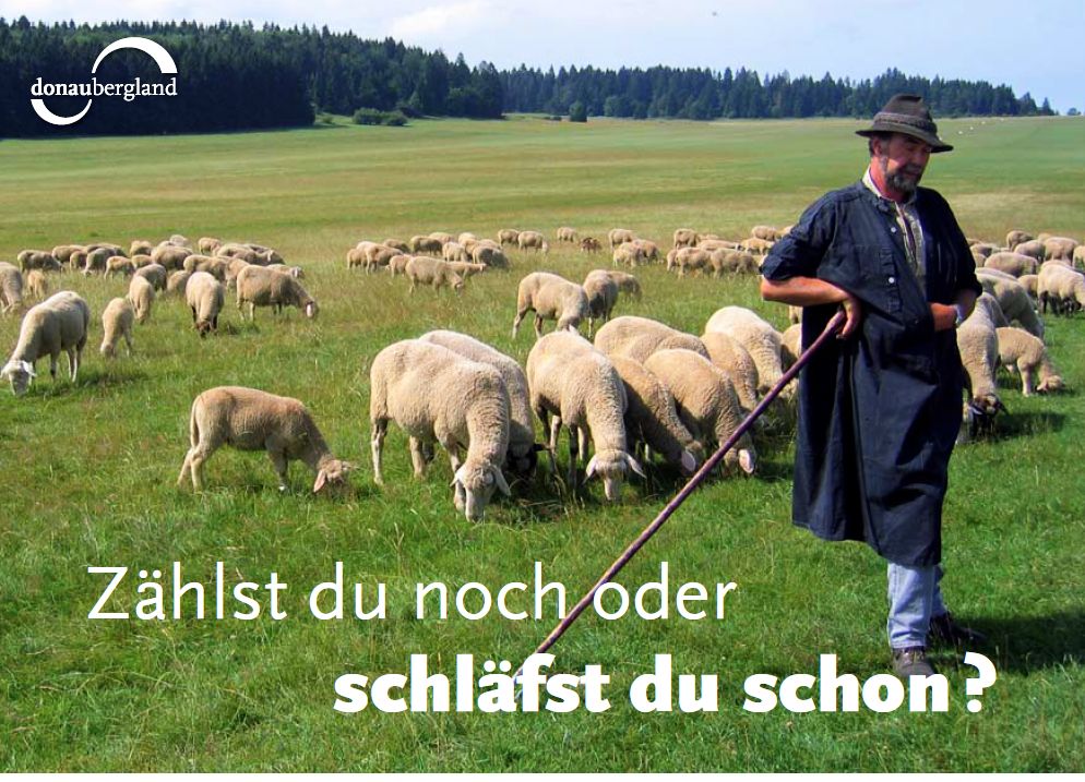 Donaubergland Postkartenmotiv mit Schäfer, der im Stehen an seinen Hirtenstab gestützt vor seiner Schafherde schläft.