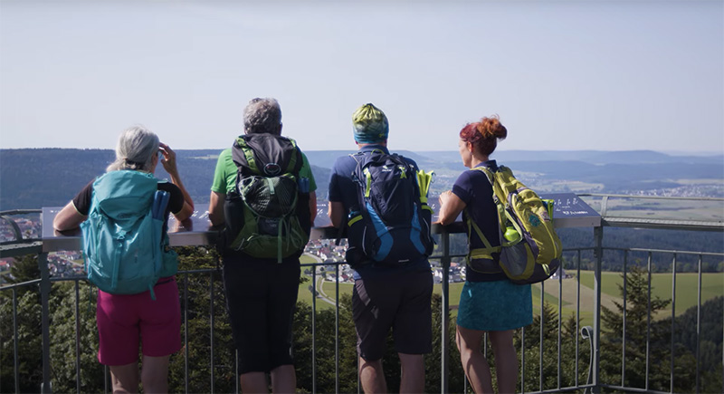 Bild von vier Wanderern, die an einem Geländer stehen und die Aussicht auf das Donaubergland genießen