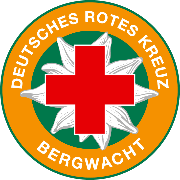 Orange-grün-rot-weißes Logo mit Schriftzug Deutsches Rotes Kreuz Bergwacht