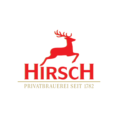 roter Hirsch und roter Schriftzug HIRSCH und goldener Schriftzug Privatbrauerei seit 1782