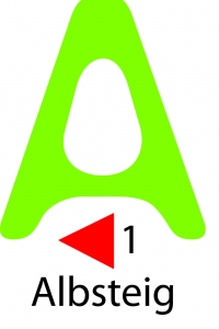 grünes Logo mit rotem Pfeil und schwarzem Schriftzug 1 Albsteig