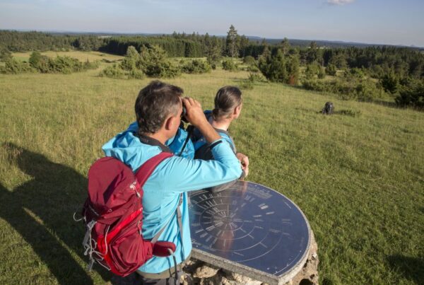 Bild von zwei Wanderern, die mit dem Fernglas und dem bloßen Auge die Fernsicht am Alten Berg genießen