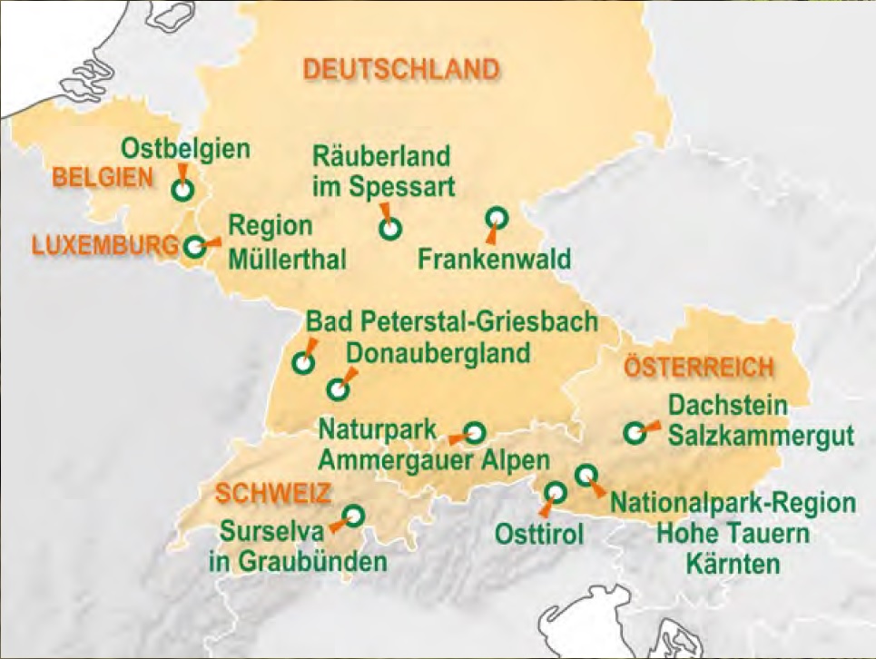Übersichtskarte in orange und grün der Regionen Best of Wandern