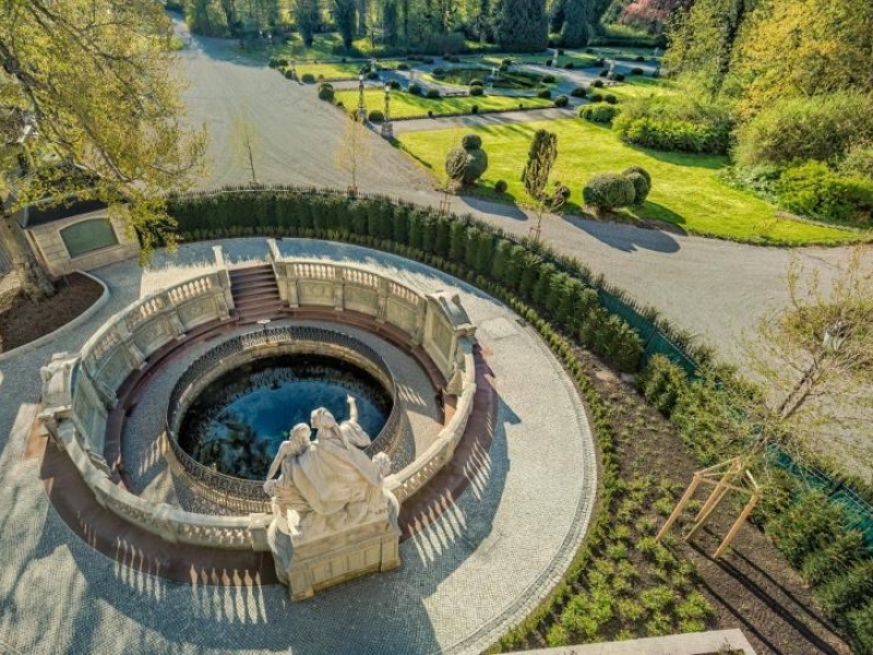 Bild von der Donauquelle in Donaueschingen in der Parkanlage von oben fotografiert umgeben von Parkwegen, Büschen, Bäumen und Rasenanlagen