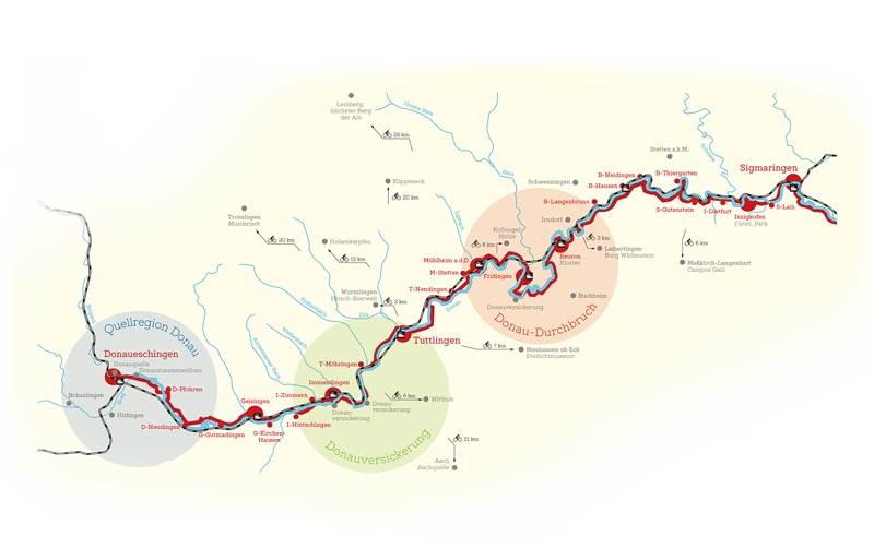 Karte des Donauradweges mit drei hervorgehobenen Gebieten Quellregion Donau, Donauversicherung und Donau-Durchbruch.