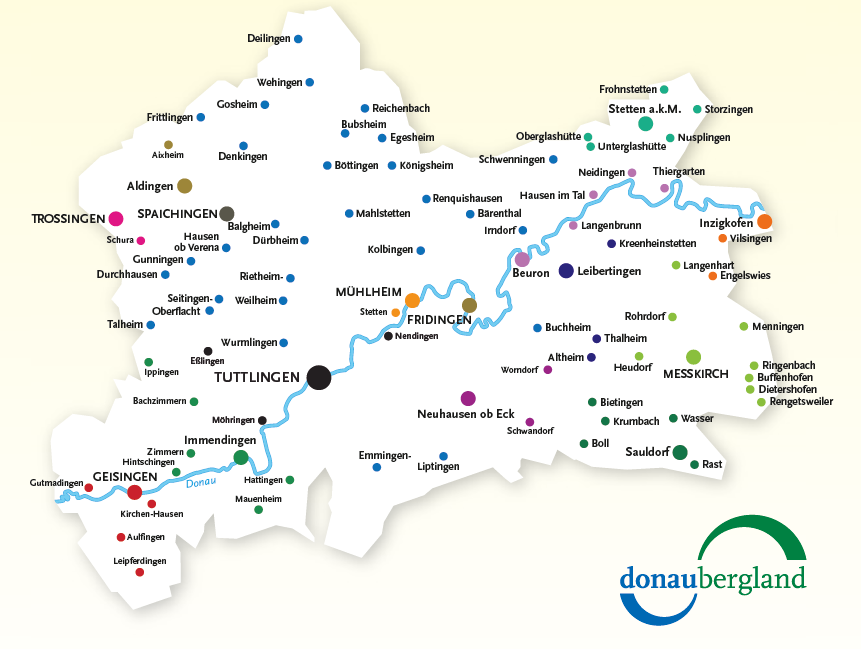 Karte Donaubergland mit schwarzer Schrift auf weißem Hintergrund und alle Orte sind mit einem farbigen Punkt gekennzeichnet.