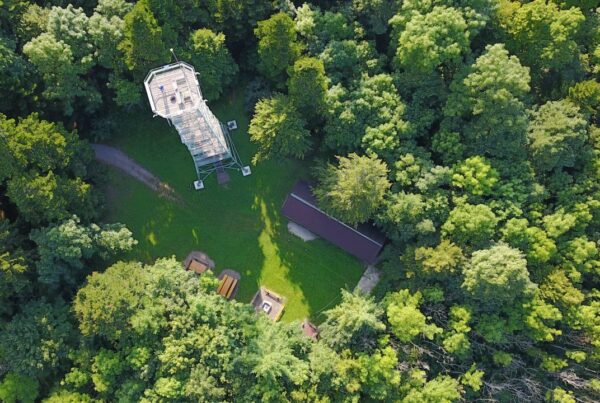 Luftaufnahme des Lembergturms umgeben von grünen Bäumen mit Sicht auf den Rastplatz und die Schutzhütte