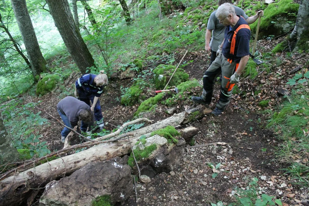 Auszubildende des Hammerwerk Fridingen bei Wegebauarbeiten auf dem Premiumweg Donaufelsen-Tour