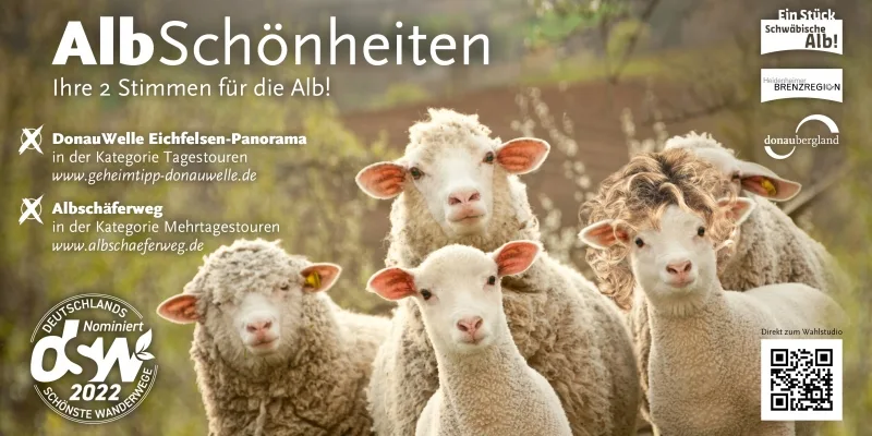 Abstimmungskarte zu den Albschönheiten mit Abbildung von Schafen und Schriftzug Albschönheiten, Ihre 2 Stimmen für die Alb, Abstimmmöglichkeiten DonauWelle Eichfelsen-Panorama und Albschäferweg