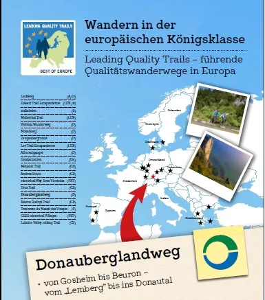Titelbild von Donauberglandweg mit der Überschrift Wandern in der europäischen Königsklasse, Leading Quality Trails - führende Qualitätswanderwege in Europa, Donauberglandweg von Gosheim bis Beuron - vom Lemberg bis ins Donautal