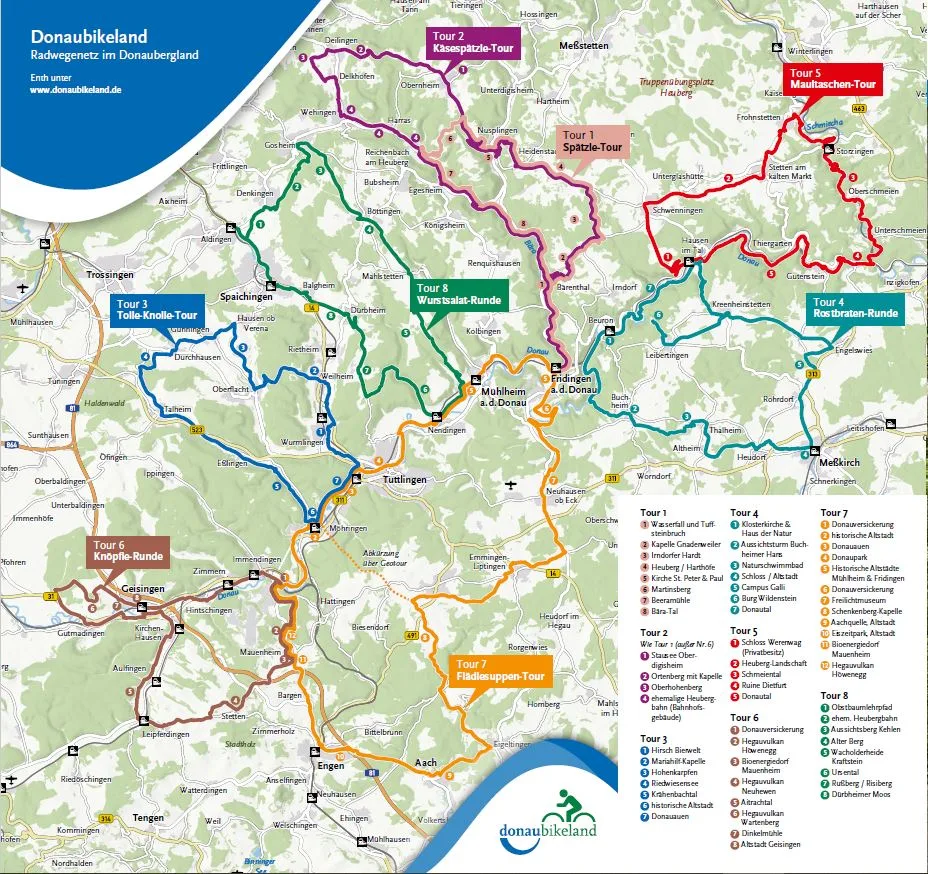 Kartenansicht Donaubikeland mit acht markierten E-Bike-Routen