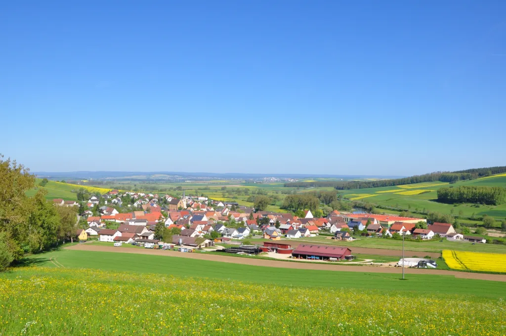 Bild mit Aussicht auf Gutmadingen von einer Anhöhe von einer grünen Wiese aus