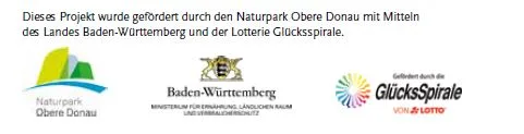 Logos mit Förderhinweis Naturpark Obere Donau, Baden-Württemberg und Glücks-Spirale und Schriftzug Dieses Projekt wurde gefördert durch den Naturpark Obere Donau mit Mittlen des Landes Baden-Württemberg und der Lotterie Glücksspirale.