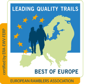 Logo in blau, orange, grün und weiß Leading Quality Trails mit Schriftzug Best of Europe und certified by ERA-EWV-FERP und European Ramblers Association