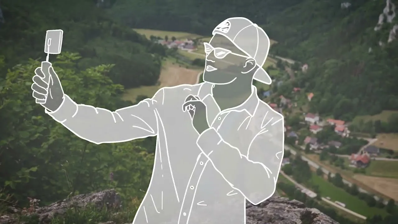 Videovorschaubild mit einer Karikatur im Vordergrund mit Selfiestick, die vor einer Naturlandschaft mit Bäumen und Häusern steht.