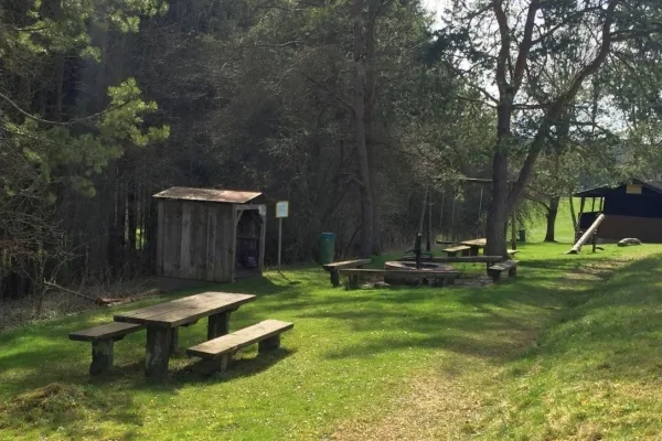 Bild von Spielplatz an der Hagenbachidylle Trossingen mit Holztischen und - Bänken, Schaukel, Wippe und Schutzhütte auf einer grünen Wiese am Waldrand