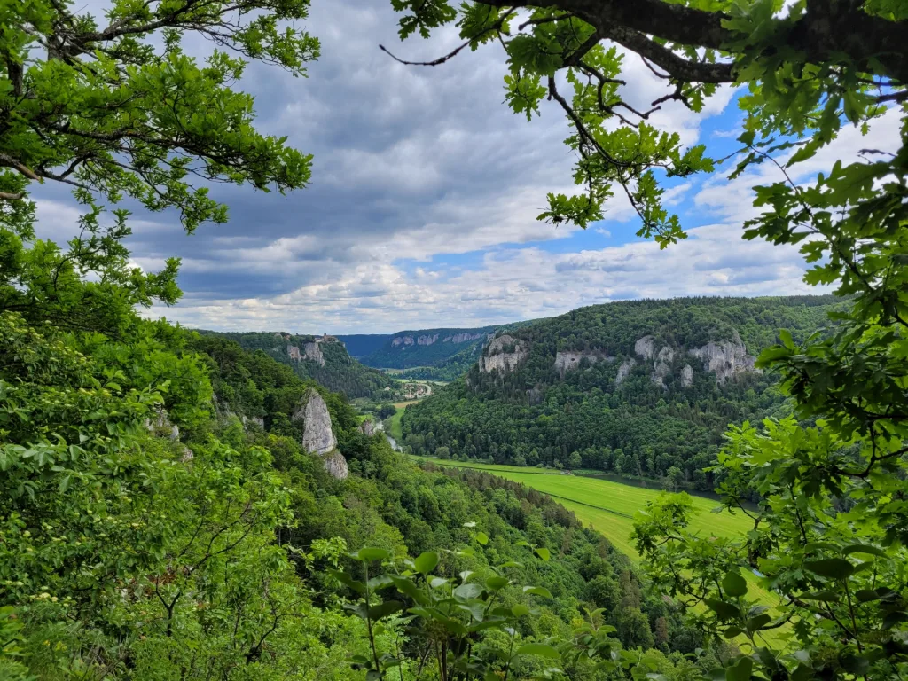 Bild mit Blick auf den Naturpark Obere Donau mit Flusslauf, Felsen und bewaldeten Flächen