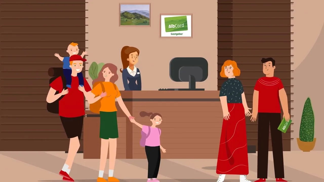 Videovorschaubild mit mehreren Personen vor einem Tresen mit Albcard Gastgeber und einer Dame hinter Tresen und PC