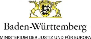 Logo mit Baden-Württemberg Wappen und Schriftzug: Baden-Württemberg, Ministerium der Justiz und für Europa