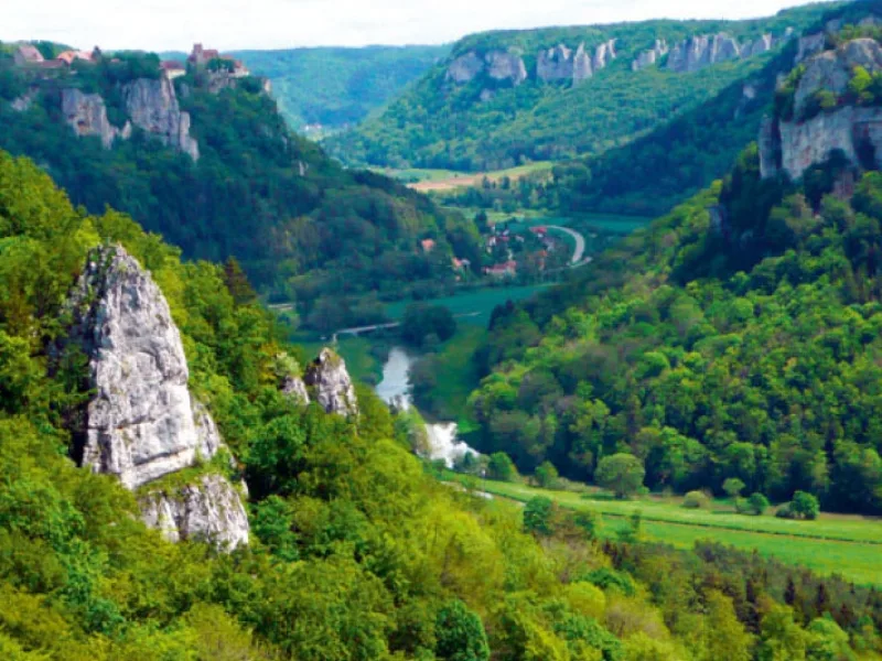 Bild von oben in ein Tal mit Häusern und bewaldet