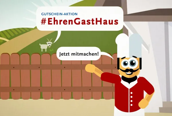Videovorschaubild zur Ehrengasthaus Gutschein-Aktion mit Koch mit Sprechblase: Jetzt mitmachen!