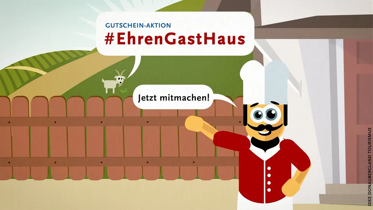 Videovorschaubild zur Ehrengasthaus Gutschein-Aktion mit Koch mit Sprechblase: Jetzt mitmachen!