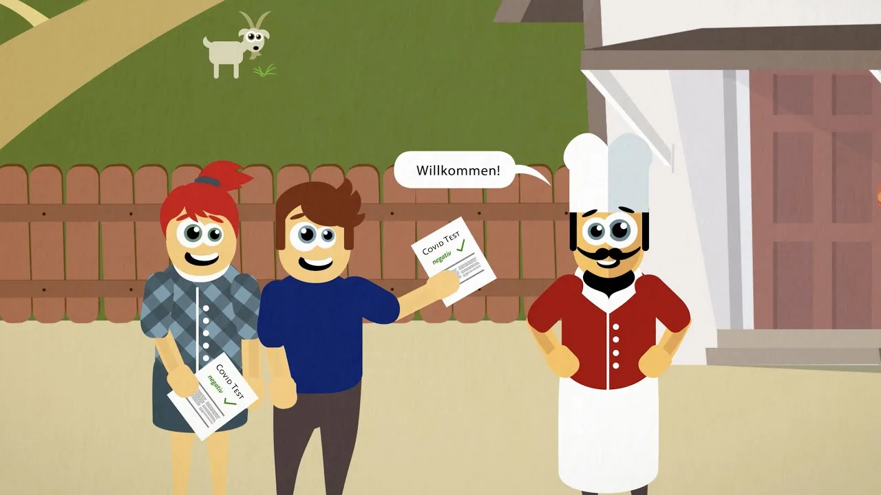 Videovorschaubild mit 2 Personen, die einen Covid negativ Test in der Hand halten und der Koch mit Sprechblase: Willkommen