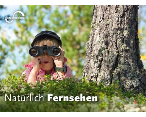 Donaubergland Postkartenmotiv mit Kind, das neben einem Baumstamm durch ein Fernglas schaut.