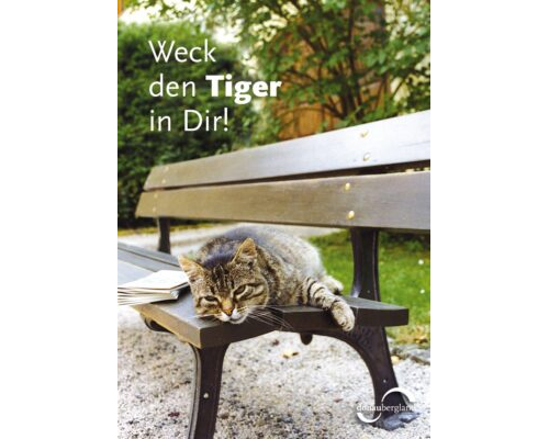 Donaubergland Postkartenmotiv mit liegender Tigerkatze auf einer Parkbank